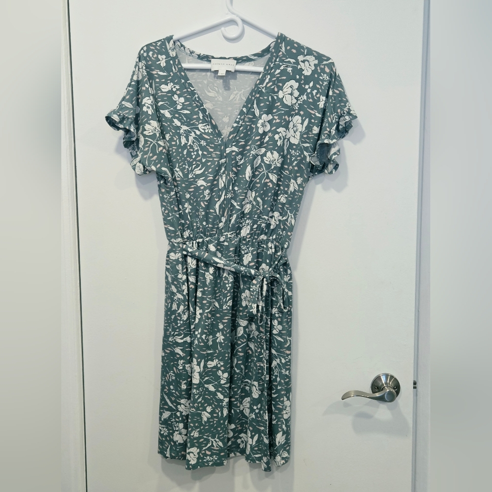 French Grey Sage Green Floral Wrap Midi Dress Size L